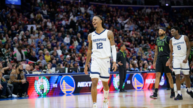 Memphis Grizzlies guard Ja Morant celebrates a win against the New Orleans Pelicans.